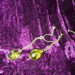 Vintage Art Deco Teardrop Citrine Color Gold Chain Dangle Screw Back Earrings